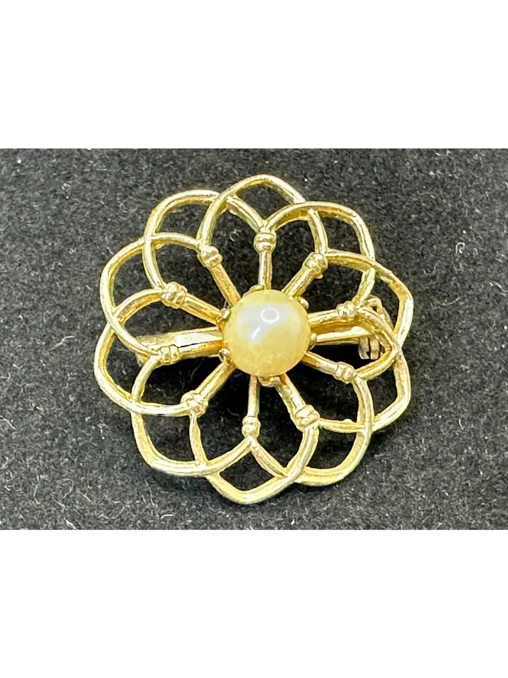 Gold-Tone Floral Pin With Single Pearl Center Vintage Openwork Design Estate